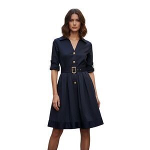 Elizabeth McKay Navy V Neck Belted Shirt Dress 6 Made in NYC A-line
